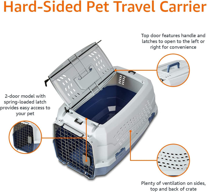 Amazon Basics sturdy gray and blue pet travel carrier for dogs and cats, 22.8"L x 15"W x 13"H