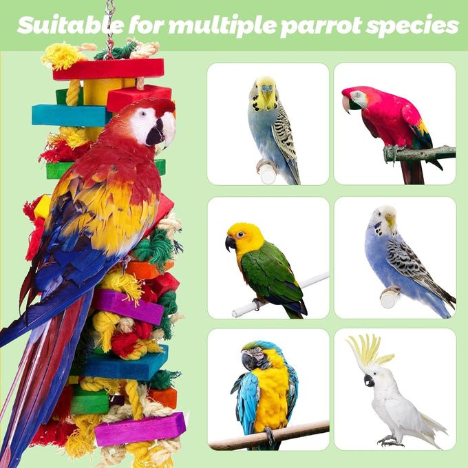 Natural Wood Parrot Toys for Large Birds, 18" Durable Chew Toys for Macaws, African Greys & Amazon Parrots
