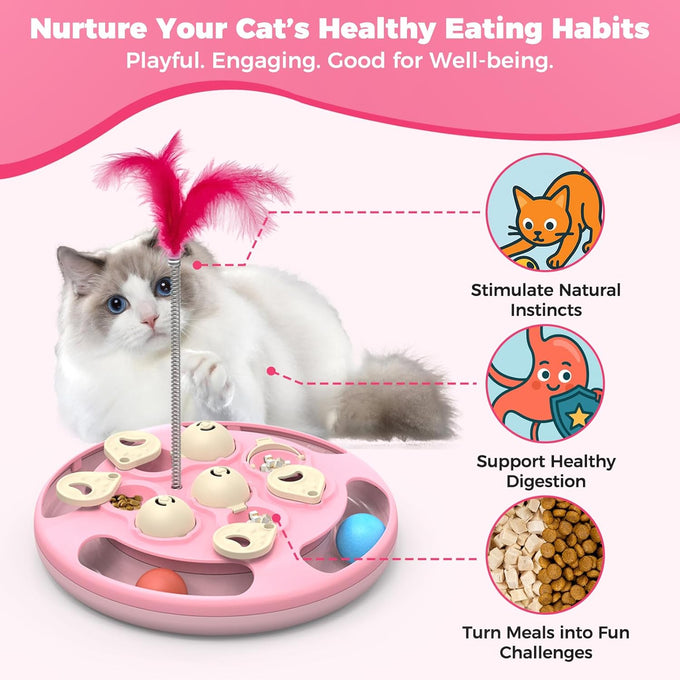 Cat Puzzle Toy Games Level 3 in 1 with Track Balls Feeder Teaser Non-Slip Base Pink