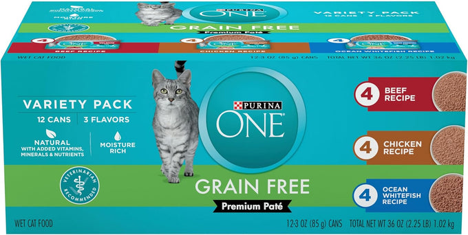 Purina ONE Grain Free, Natural Pate Wet Cat Food Variety Pack, 3 oz. Pull-Top Cans