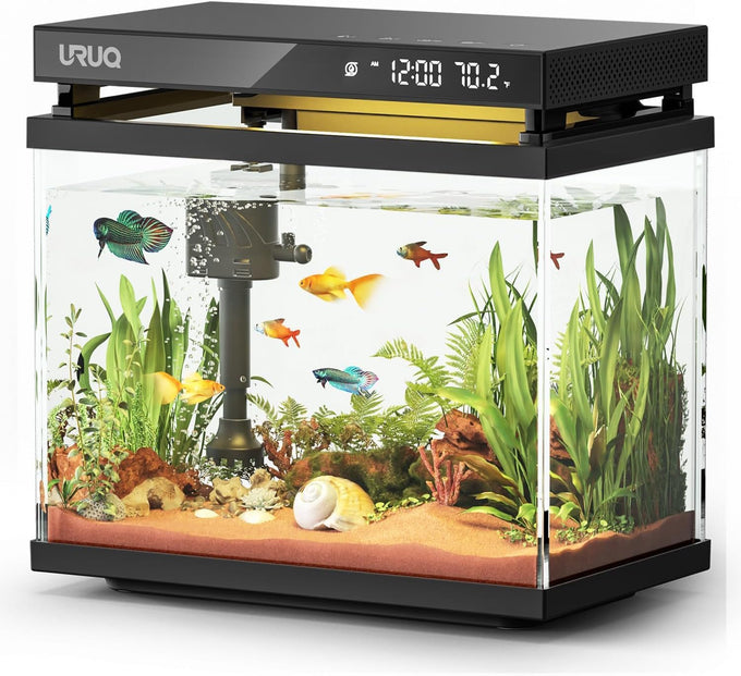 Fish Tank Smart Aquarium Kit 2 Gal Black UHD Silent Pump Self Cleaning System