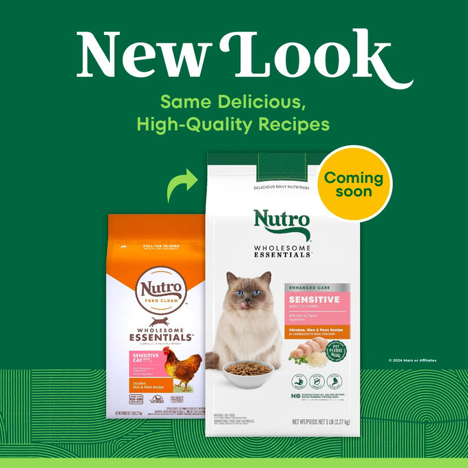 Nutro Wholesome Essentials Natural Dry Cat Food Sensitive Stomach, Chicken, Rice & Peas Recipe Cat Kibble, 5 lb. Bag