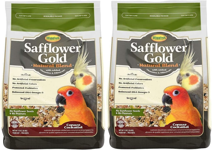 Higgins 2-pack Safflower Gold food for conures, cockatiels, lovebirds, parrotlets, 3 pounds each, made in the USA