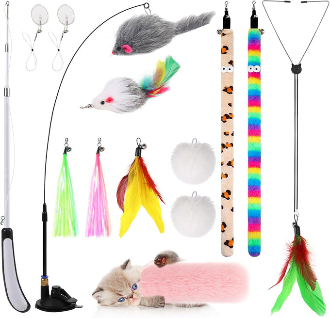 Interactive Cat Toys Refills with 8 Assorted Teasers and Wand for Indoor Cats - Adjustable Height and Durable