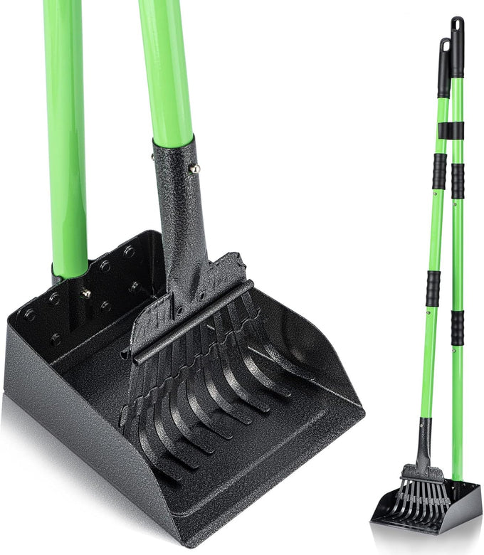 mxf pooper scooper, stainless metal tray and rake set, medium small dog use, long handle, heavy duty, pet supplies, green
