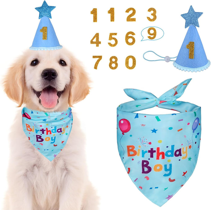 Dog Birthday Bandana Set for Large Medium Small Dogs Pet - Blue, Adjustable Hat with Numbers 0-8