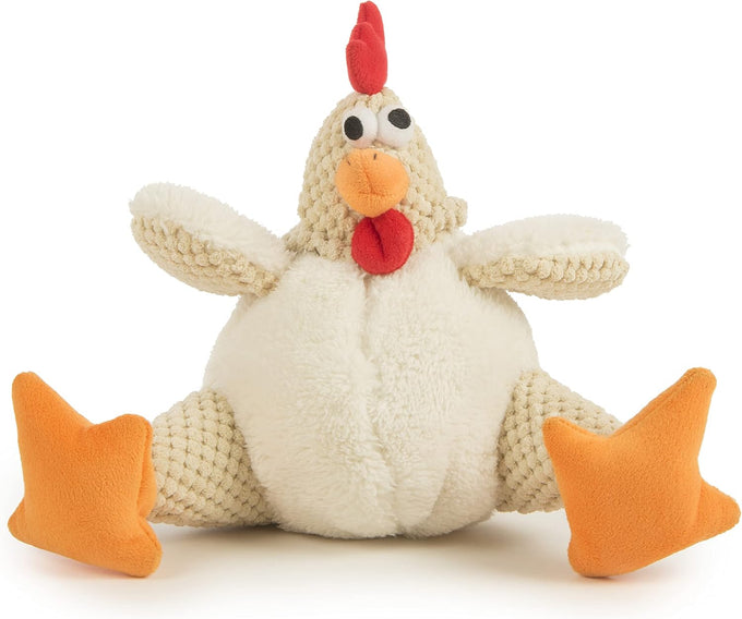 goDog Checkers Fat Rooster Squeaky Plush Dog Toy with Chew Guard Technology - White, Large Model, Soft and Durable Design