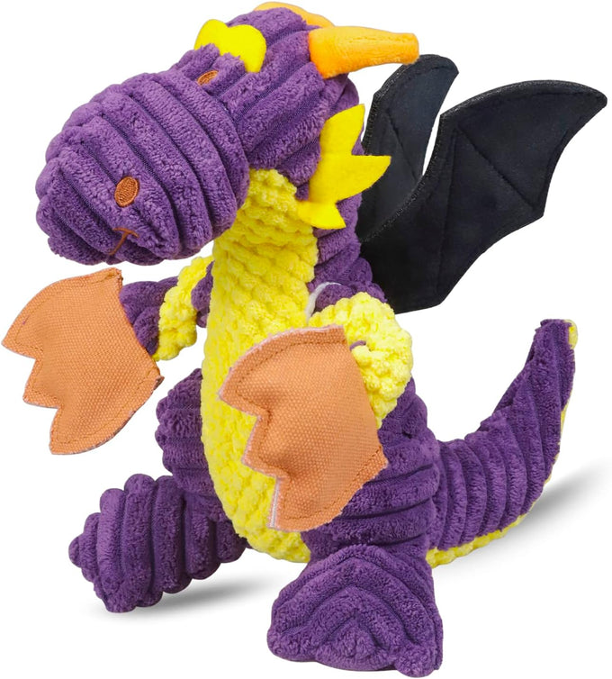 goola purple dragon dog toy, plush squeaky toy for large breeds, durable cotton, machine washable, 5 squeakers, chew toys