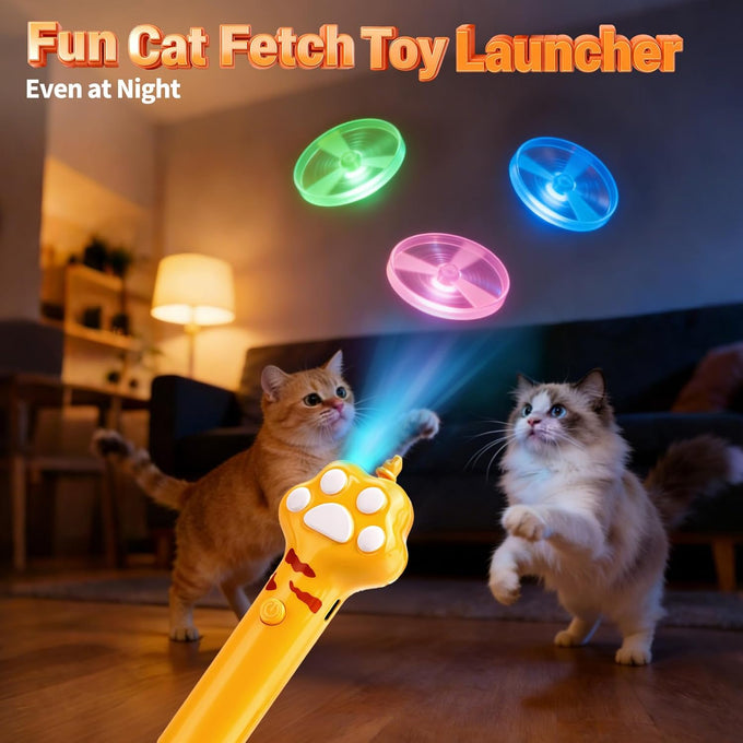 Baborui Yellow Cat Toy Disc Launcher Rechargeable Interactive Fetch Toy for Indoor Cats with 8 Flying Discs