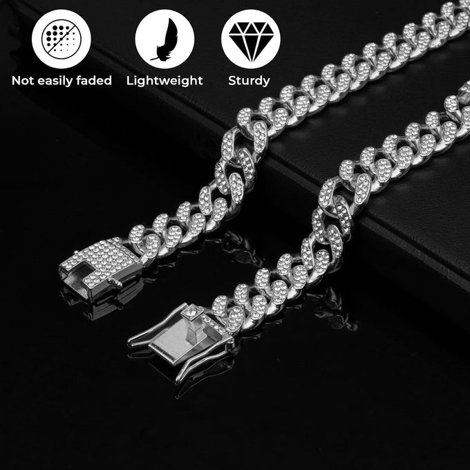 Silver 13mm Wide Metal Dog Chain Collar with Zirconia Diamond Decoration, 10 Inch, Not Adjustable