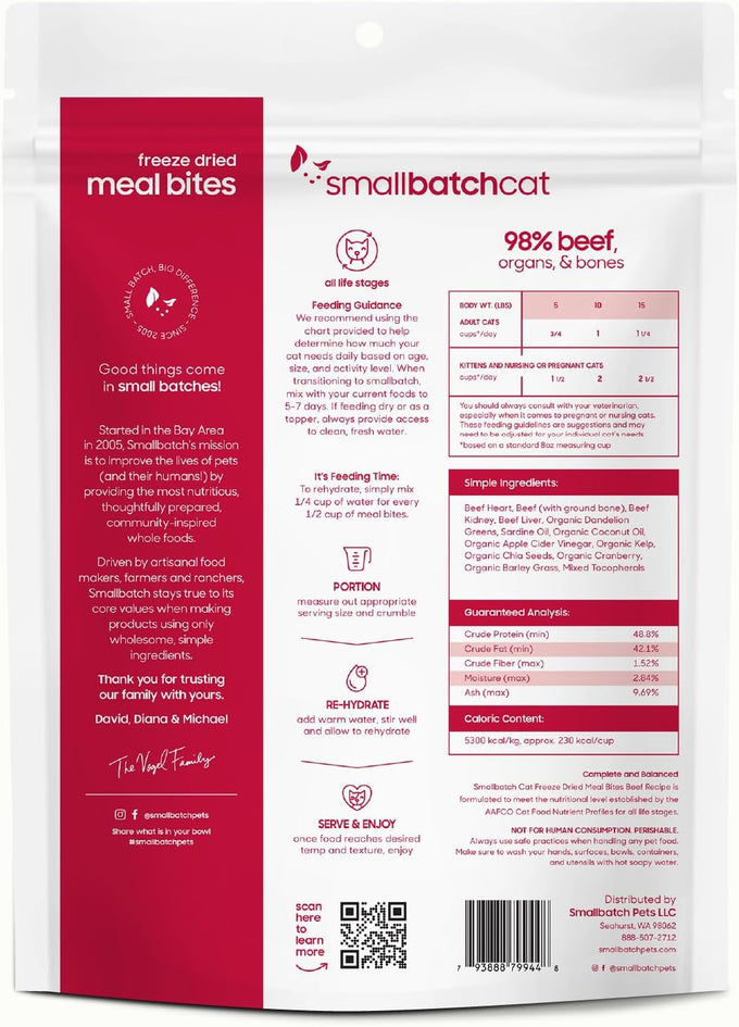 smallbatch freeze-dried raw cat food, beef recipe, high protein meal or topper, 10oz bag, usa made