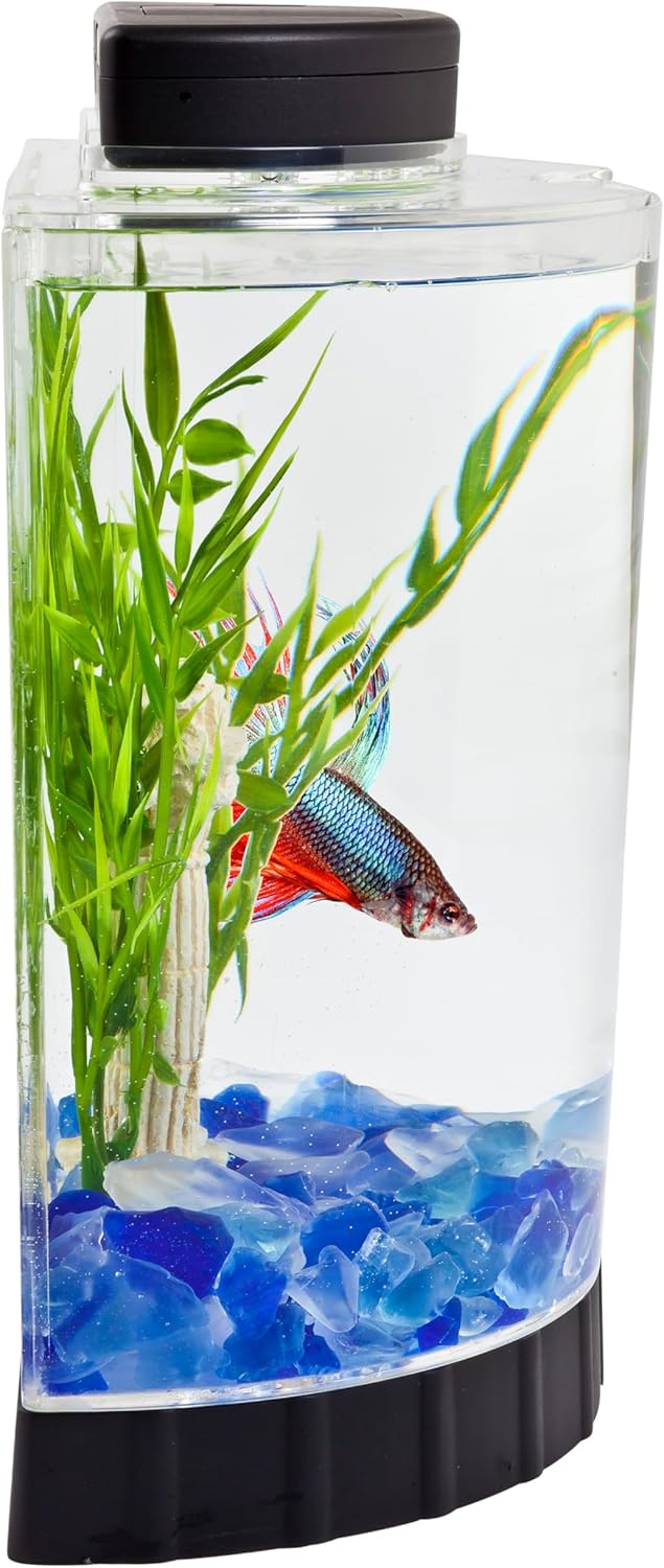 Tetra LED half moon aquarium kit with clear plastic fish tank ideal for betta fish care, small, 1.1 gallons, energy-efficient LED lighting
