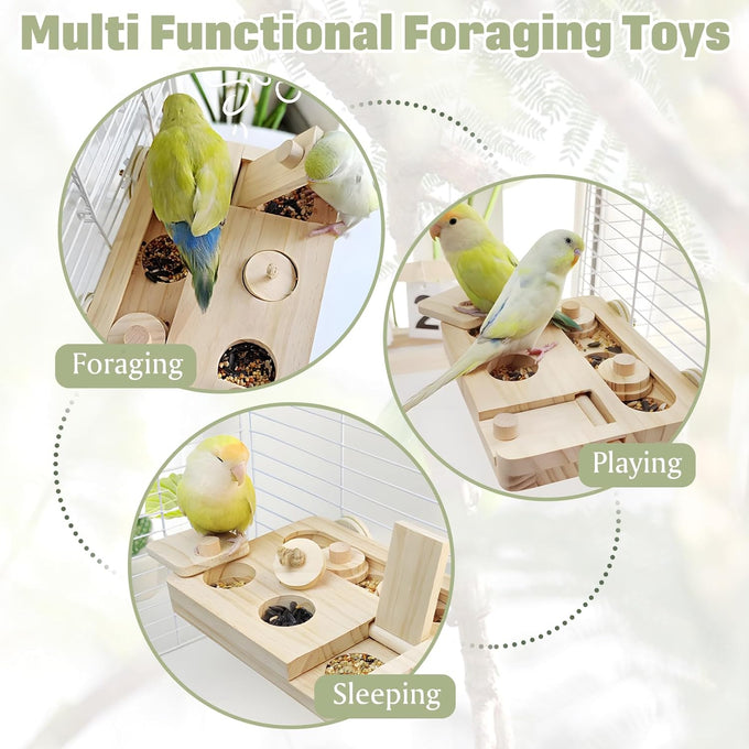 BNOSDM wooden bird foraging toy with natural wood stand platform for parrots, parakeets, cockatiels, sun conures