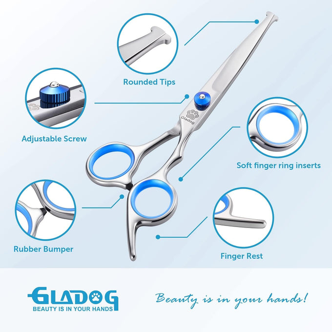 GLADOG Professional 5 in 1 Dog Grooming Scissors Set with Rounded Tips, Sharp and Heavy-duty Pet Grooming Shears for Cats