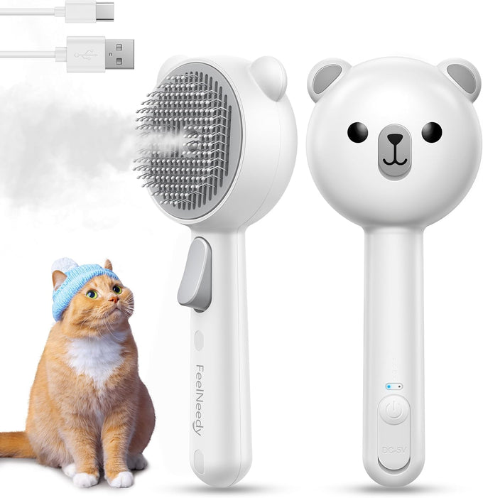 Cat Steam Brush with Release Button, Dual Speed Spray, USB Rechargeable Grooming Supplies for Indoor Cats