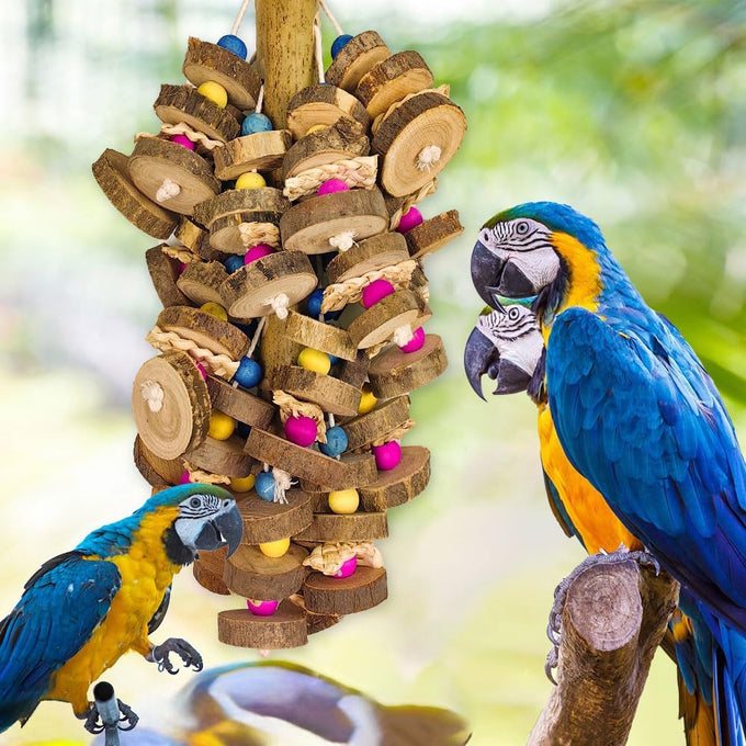 Natural multicolored wooden block parrot toys for large macaws cockatoos African grey and Amazon parrots, 19.7 inch, large size