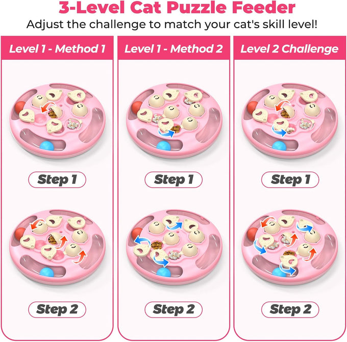 Cat Puzzle Toy Games Level 3 in 1 with Track Balls Feeder Teaser Non-Slip Base Pink