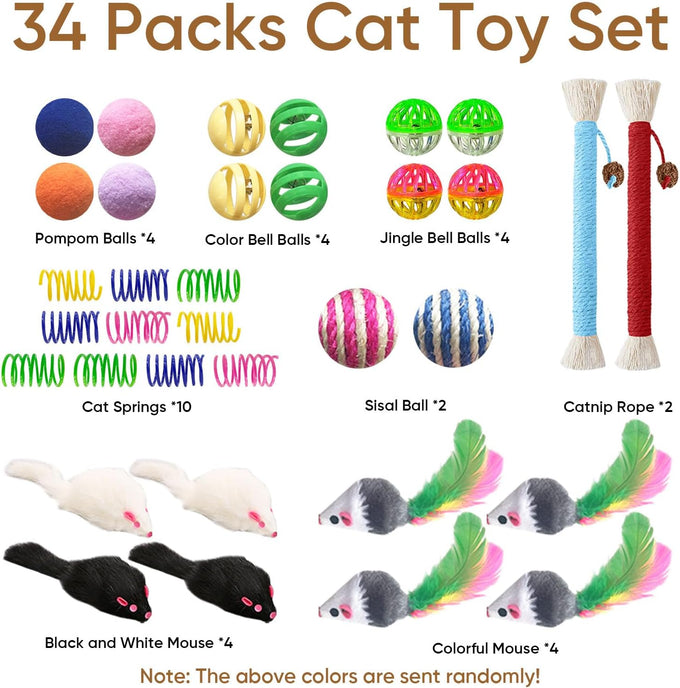 Whisker Delights 34-Pack Interactive Cat Toy Set for Indoor Cats and Kittens