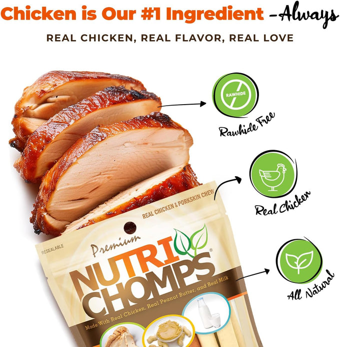 Nutri Chomps Dog Chews, Rawhide-Free, Real Chicken, Peanut Butter & Milk Flavors, 15 Count
