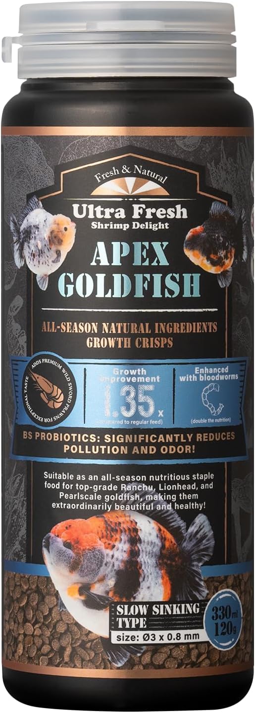 Ultra Fresh Apex Goldfish Growth Crisps, Premium All Natural Sword Prawn Flavor, 1.76 oz, Slow Sinking