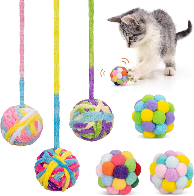 6-pack retro shaw cat toys balls with yarn bell for indoor kittens and cats, safe and interactive play