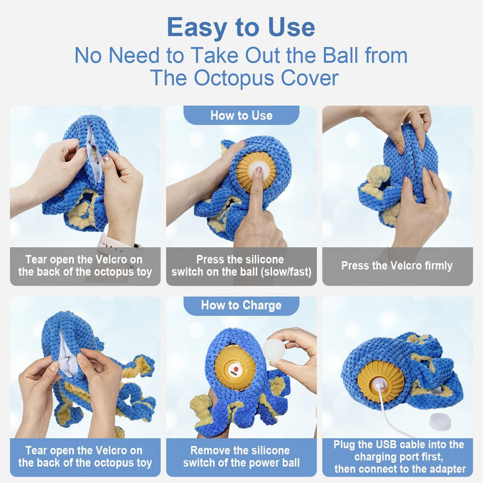 Blue Interactive Octopus Dog Toy, USB Rechargeable, Automatic Jumping, Not for Aggressive Chewers