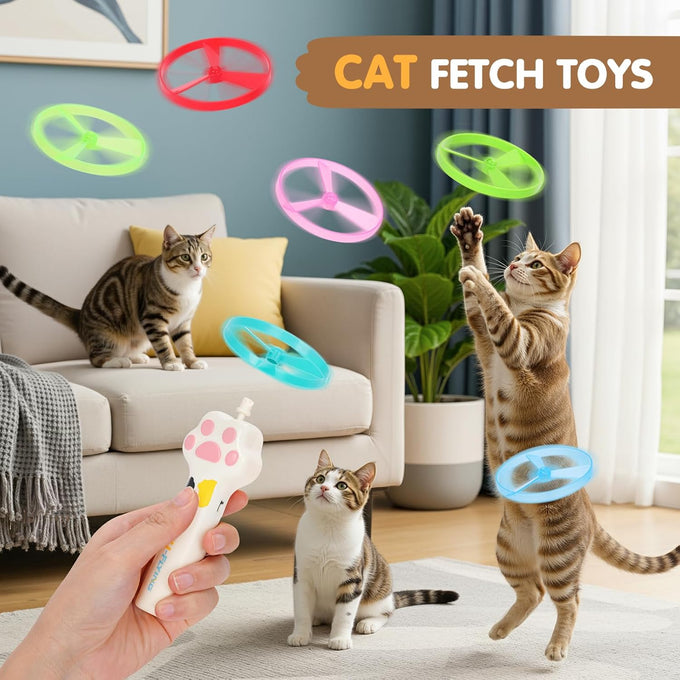 White Cat Fetch Toy with Rechargeable Flying Disc Launcher and 6 Glowing or Classic Discs
