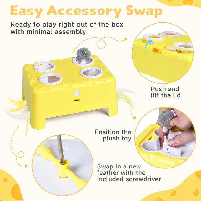 Cheese Box Interactive Cat Toy, 3-in-1 Whack a Mole Feather Toy for Indoor Cats, 4 Holes Kitten Toy, Yellow