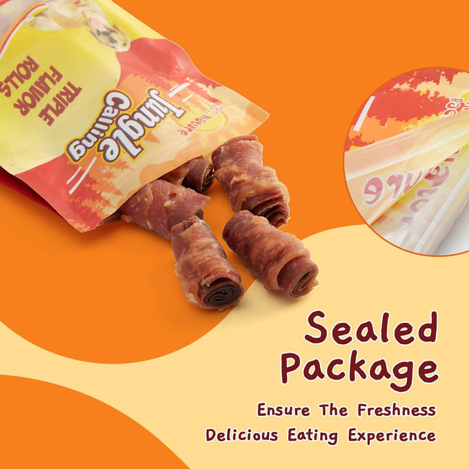 jungle calling triple flavor rolls dog treats high protein rawhide free healthy easily digestible 10.6 oz