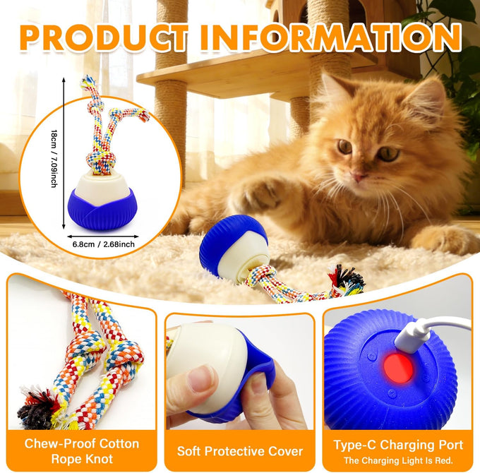 blue rotating interactive cat toy with voice recordable auto rolling pet toy for indoor cats & small dogs