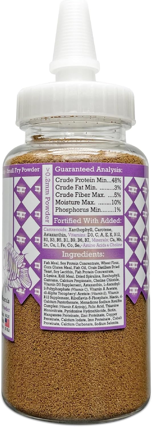 Aquatic Provisions small fry fish food powder, 3.17 oz USA-made, 48% protein for breeding and raising freshwater aquarium species