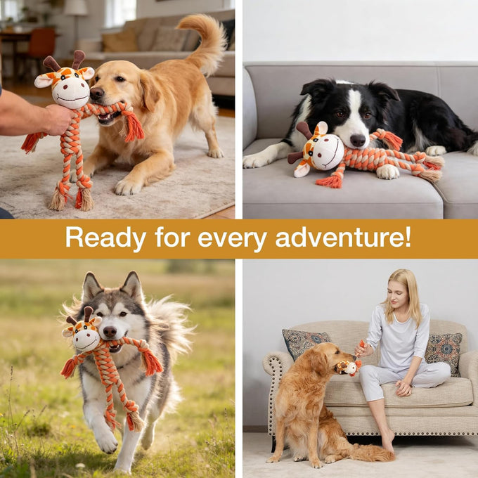 Giraffe plush squeak toy for dogs, premium soft plush, reinforced braided rope, squeaker & crinkle paper, machine washable