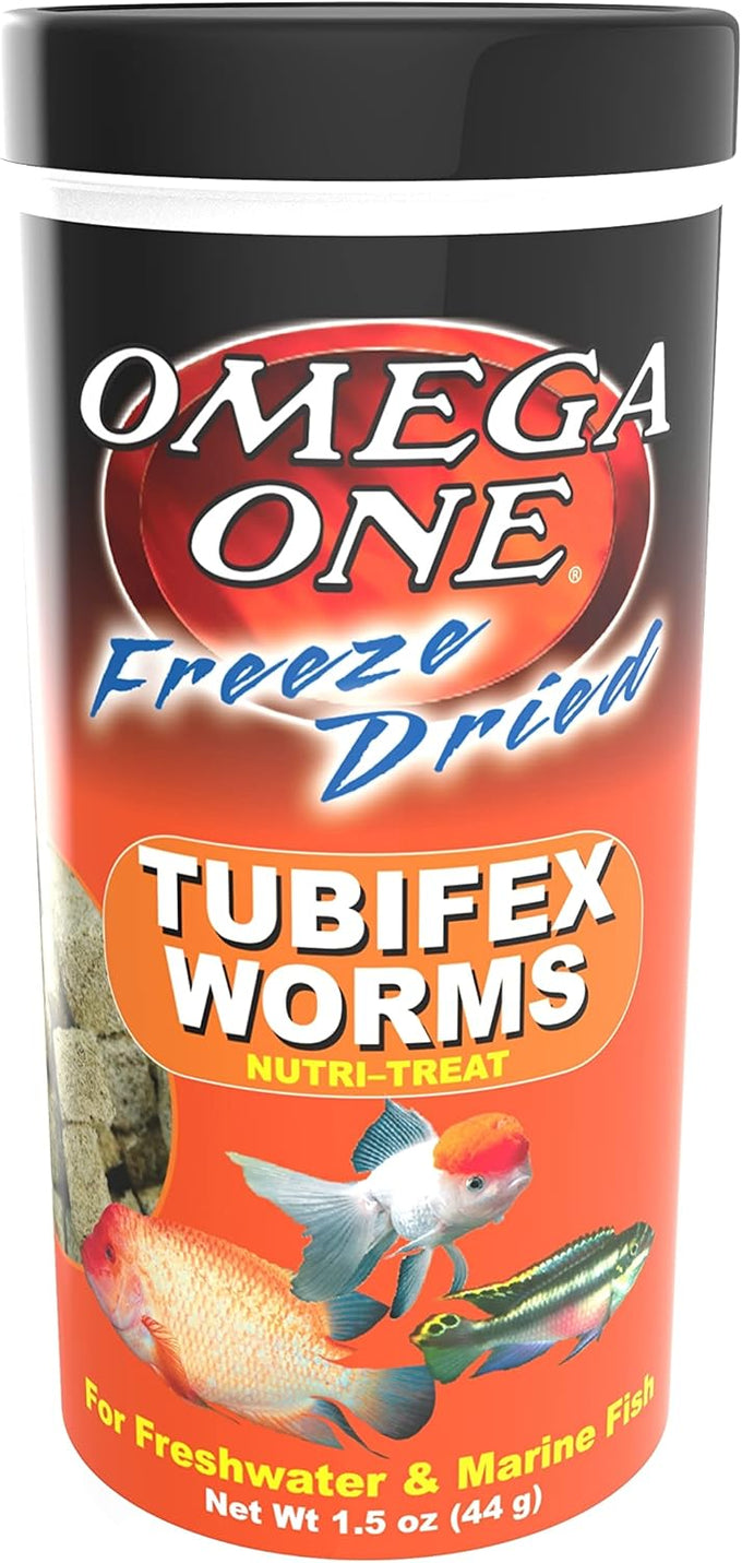 Omega One freeze-dried Tubifex Worms, 1.5 oz, high-protein freshwater and saltwater fish treat