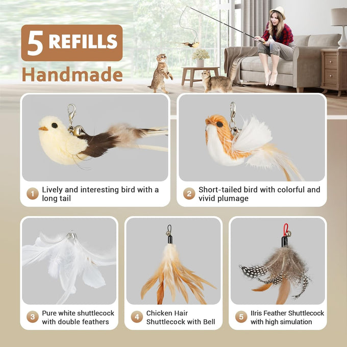 rosaui cat teaser wand toys, 42.15'' long, sustainable wooden handles, 2pcs wires and 5pcs natural refills, for indoor kittens