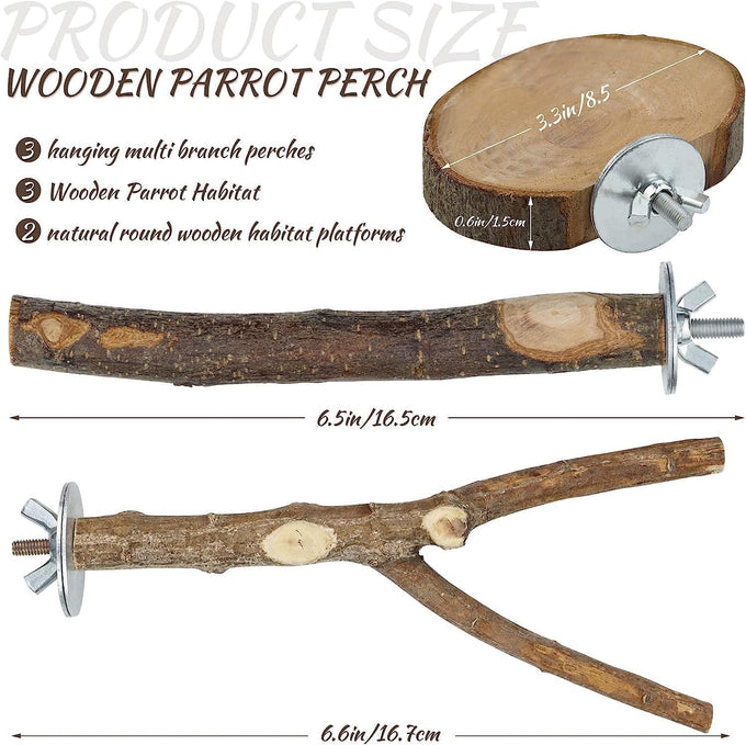 Natural Wood 8-Piece Bird Perch Set with Fork Toys and Hammock Swing for Parakeets and Budgies