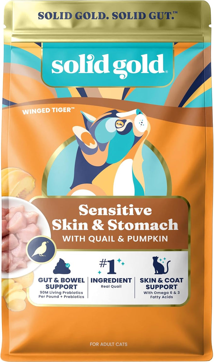 Solid Gold Sensitive Stomach Dry Cat Food, Grain Free, Gluten Free, Quail, Probiotics, 6lb