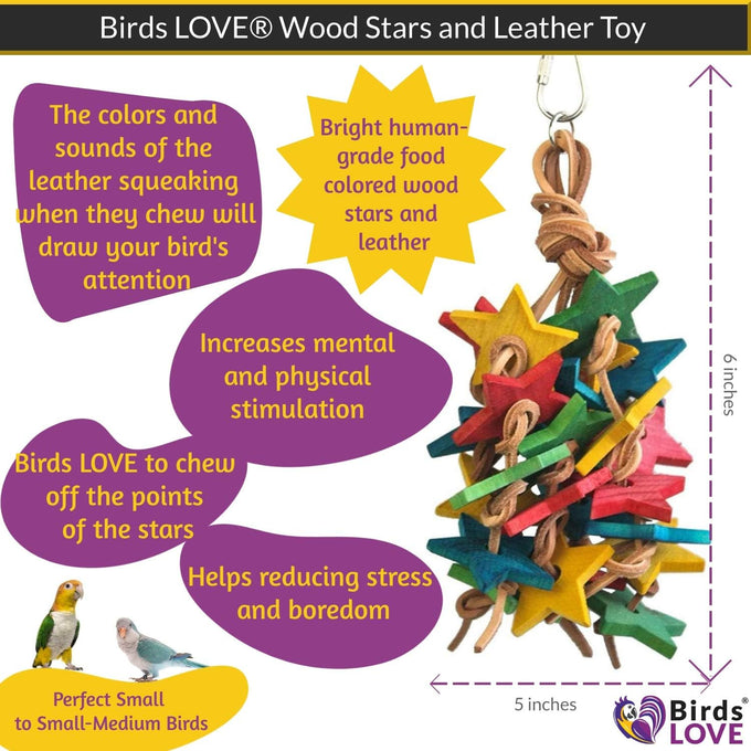 Wood stars & leather toy for small to medium parrots, bird toys for sun conures, green cheeked conures, cockatiels, and more
