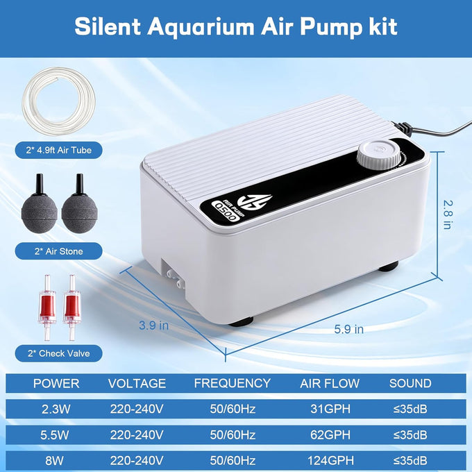 Aquarium Air Pump, 2.3W/5.5W/8W, Adjustable Fish Tank Bubbler for Small to Large Aquariums, up to 200 Gallons