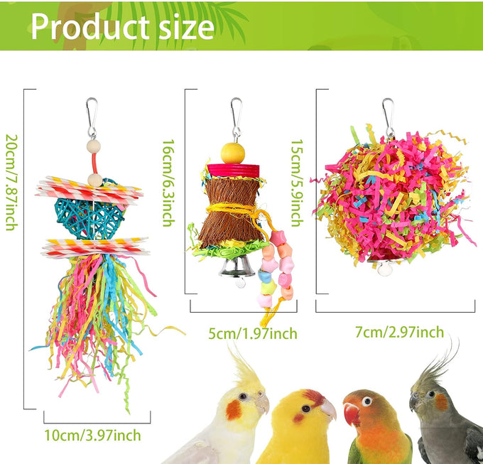 Yuepet 4-pack small parrot chewing toys with natural components, crinkle shred, and colorful beads for parakeets, parrotlets, lovebirds, and cockatiels