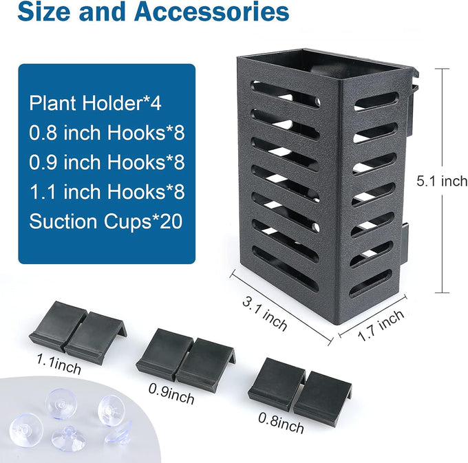 Black aquarium plant holder 4 PCS with 24 hooks, 20 suction cups for fish tank decorations