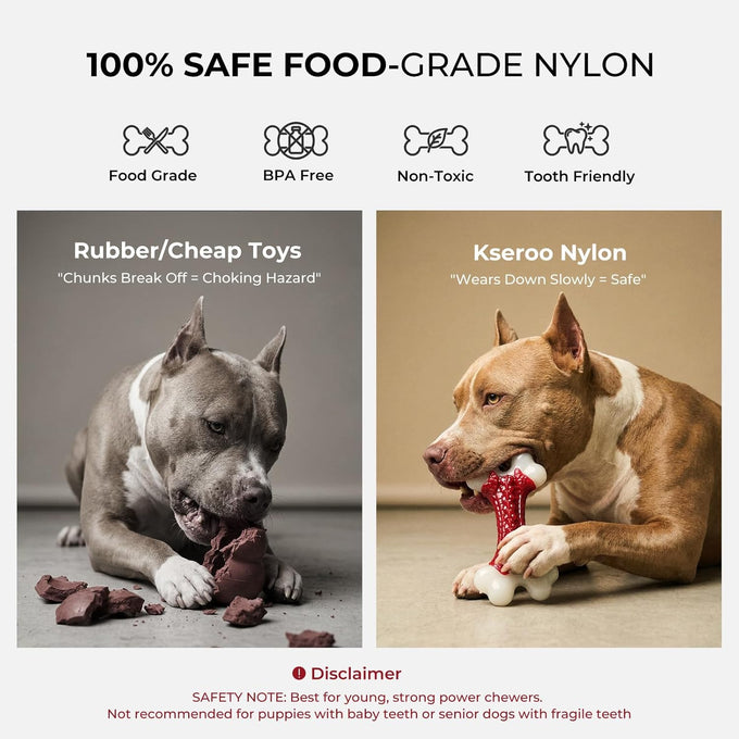 kseroo indestructible beef flavored hard nylon bone chew toys for aggressive chewers, red, 8 inch