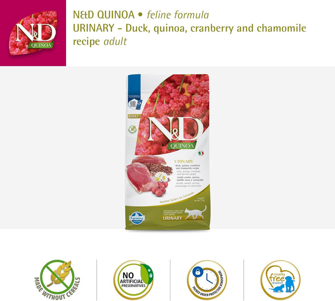Farmina N&D Quinoa Urinary Duck Formula Adult Grain-Free Dry Cat Food for Digestive Health, 3.3lb