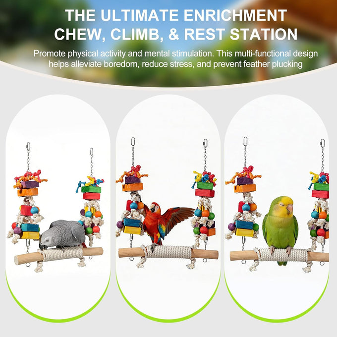 21.6" Giant Refillable Parrot Toy Swing for Macaws, Cockatoos, 4lb Heavy Duty Bird Toys, Large Natural Wooden Block Chew & Shredding Toy