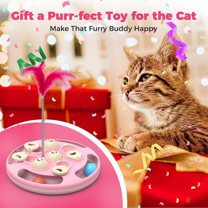 Cat Puzzle Toy Games Level 3 in 1 with Track Balls Feeder Teaser Non-Slip Base Pink