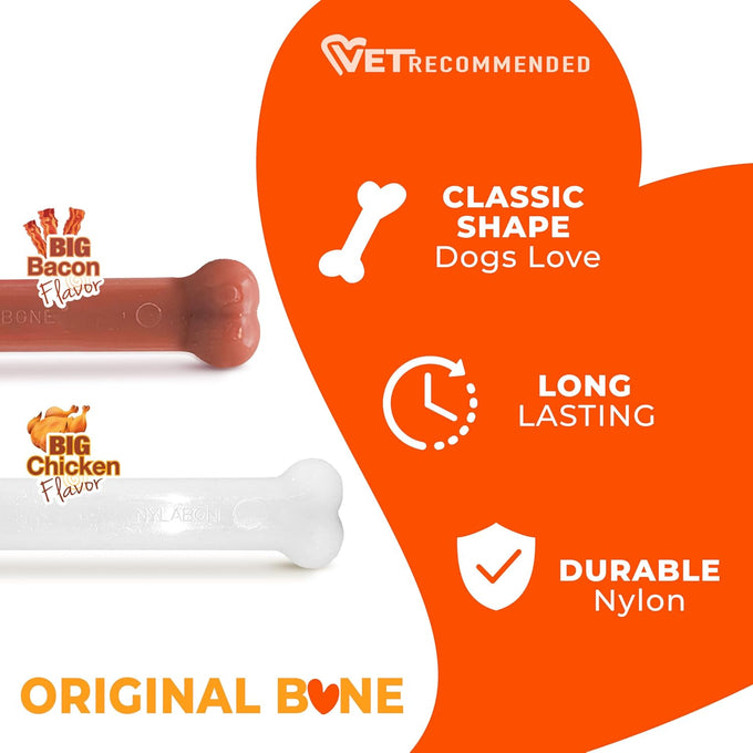 Nylabone Original Bone Power Chew Toy for Large Dogs, Durable 2-Pack, Chicken Flavor, Basted Blast, Up to 50 lbs