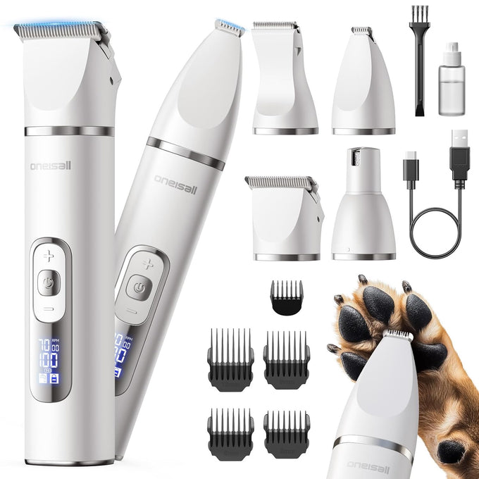 oneisall 4 in 1 dog grooming kit with lcd display, dog hair trimmer for paw nail grinder, rechargeable cordless low noise ipx7 waterproof pet clippers, 3-speed, 1200mAh battery