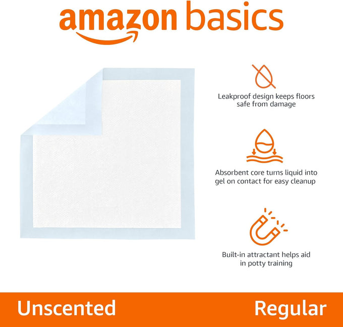 Amazon Basics leak-proof dog and puppy training pee pads, 5-layer design, regular size 22 x 22 inch, blue & white, 100 count