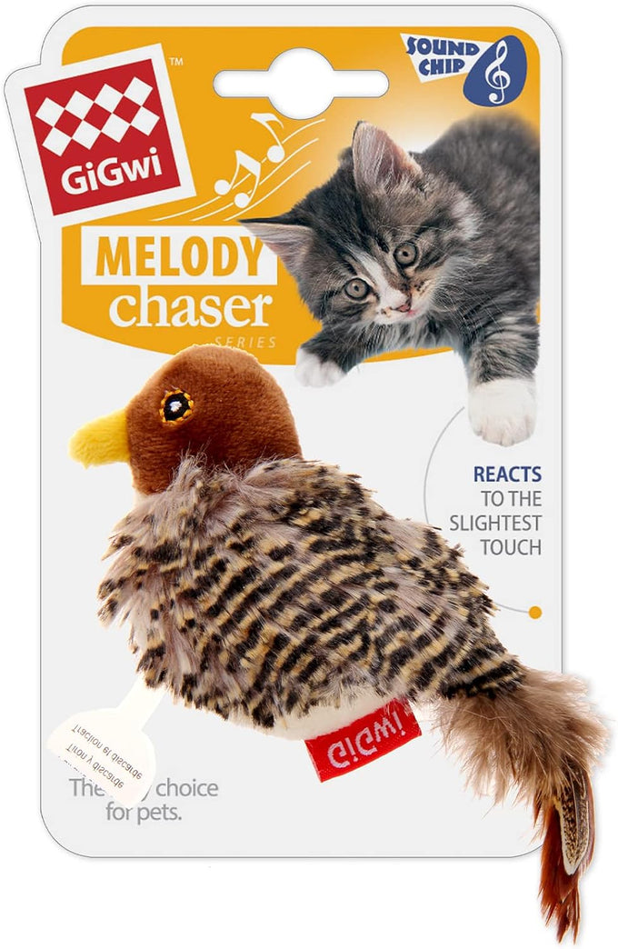 GiGwi Squeaky Bird Cat Toy with Feather Tail, Melody Chaser Play for Boredom, Realistic Bird Design
