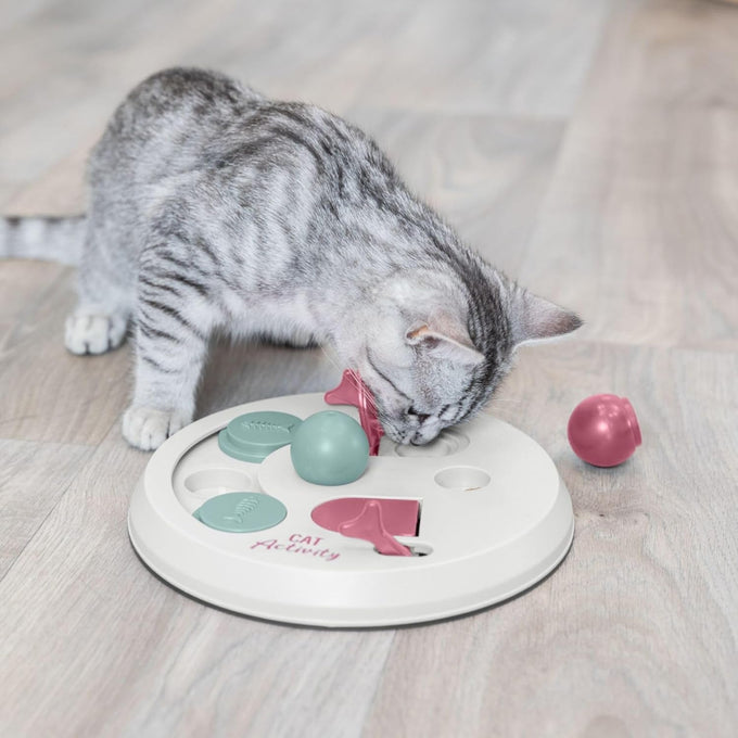 Trixie Cat Activity Flip Board - 4-module treat puzzle enrichment toy for indoor cats - Berry/Gray, 9x9x2.5in