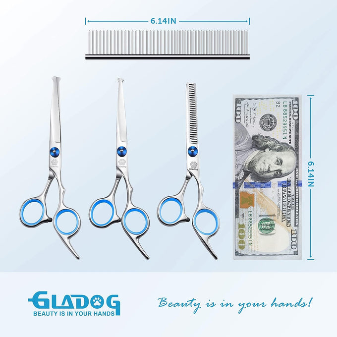 GLADOG Professional 5 in 1 Dog Grooming Scissors Set with Rounded Tips, Sharp and Heavy-duty Pet Grooming Shears for Cats